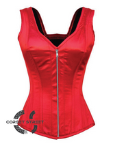 Red Satin Shoulder Straps Zipper Opening Gothic Burlesque Bustier Waist Training Overbust Plus Size Corset Costume